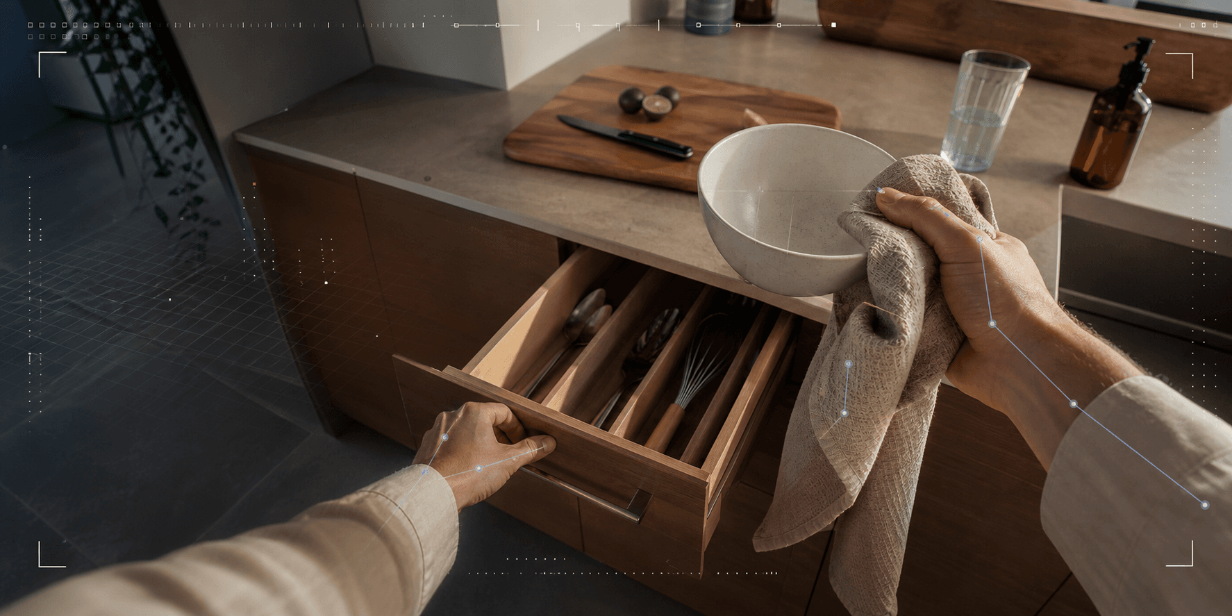 Illustration of first-person recording while putting away dishes